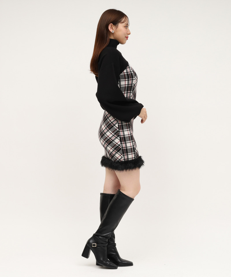 チェックレイヤードヘムファーニットミニワンピース 詳細画像 ブラック 2