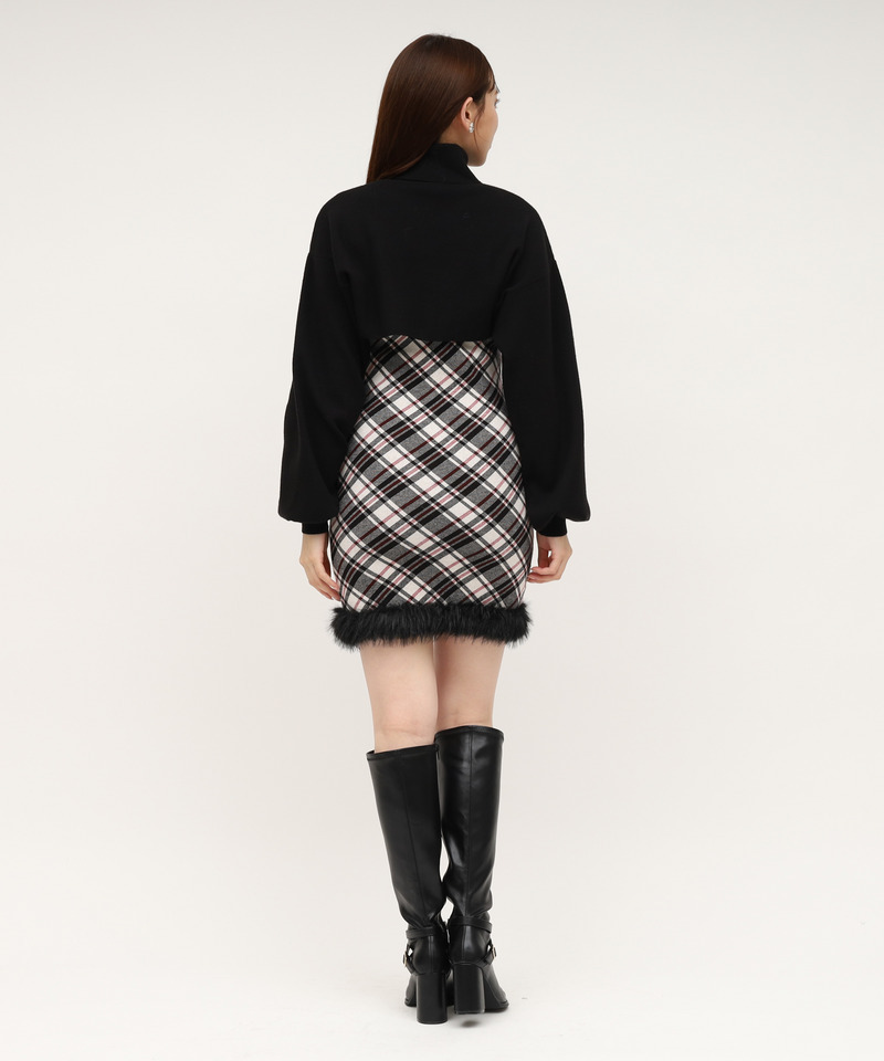 チェックレイヤードヘムファーニットミニワンピース 詳細画像 ブラック 3