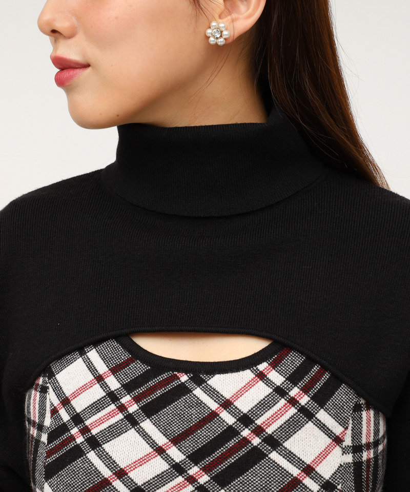 チェックレイヤードヘムファーニットミニワンピース 詳細画像 ブラック 4