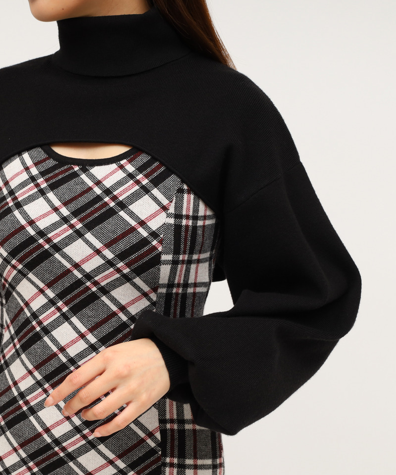 チェックレイヤードヘムファーニットミニワンピース 詳細画像 ブラック 5