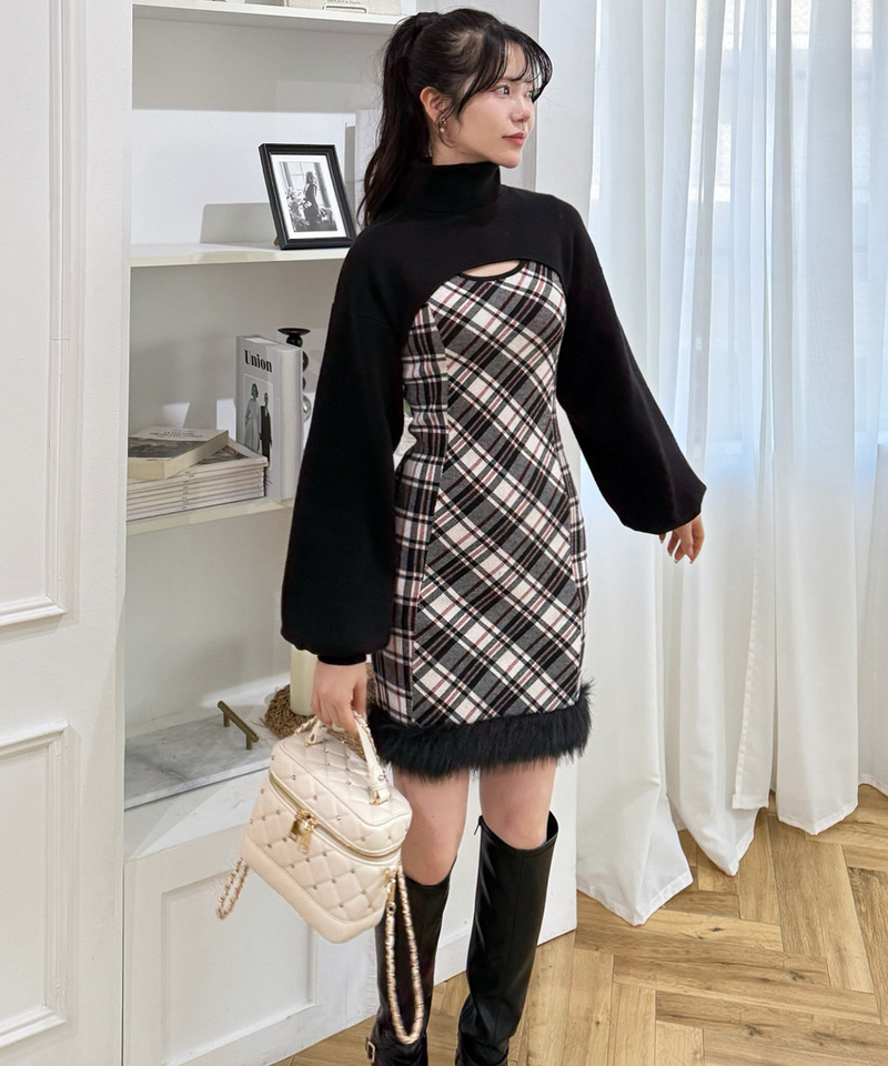 チェックレイヤードヘムファーニットミニワンピース 詳細画像 ブラック 8