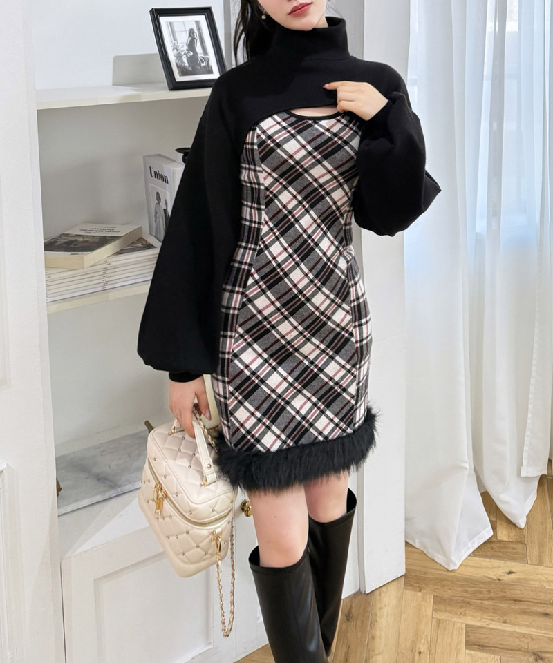 チェックレイヤードヘムファーニットミニワンピース 詳細画像 ブラック 9