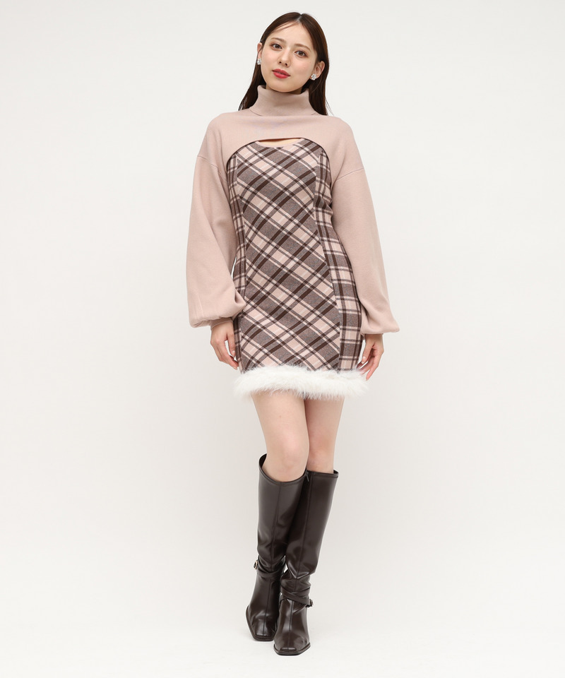 チェックレイヤードヘムファーニットミニワンピース 詳細画像 モカ 1