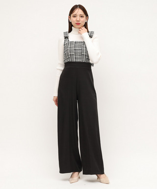 ショルダーリボンチェックワイドオールインワン