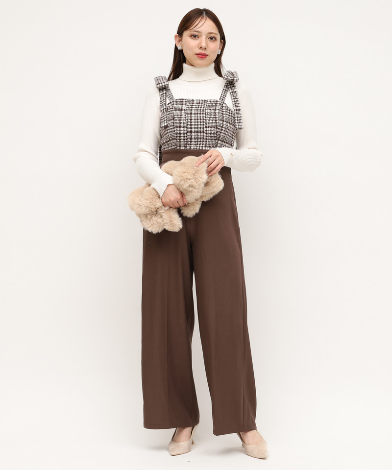 ショルダーリボンチェックワイドオールインワン 詳細画像 ブラウン 1