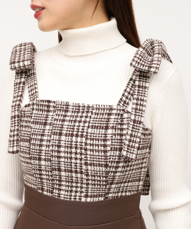 ショルダーリボンチェックワイドオールインワン 詳細画像 ブラウン 4