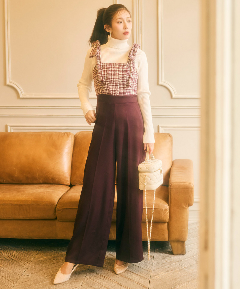 ショルダーリボンチェックワイドオールインワン 詳細画像 ボルドー 1