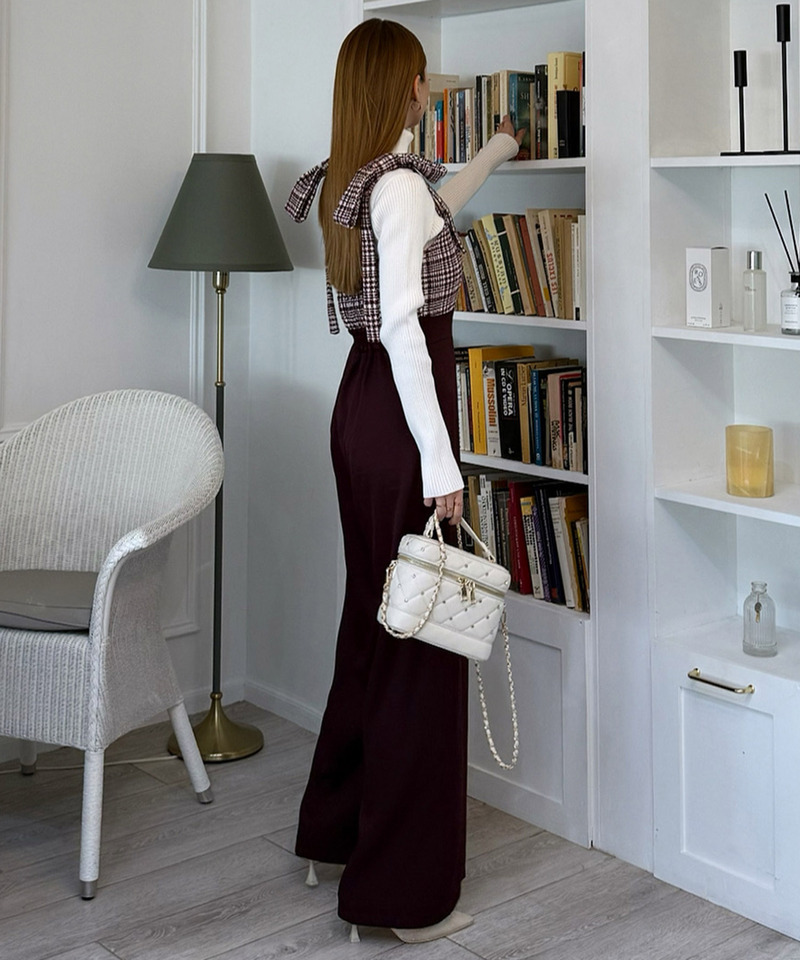 ショルダーリボンチェックワイドオールインワン 詳細画像 ボルドー 3