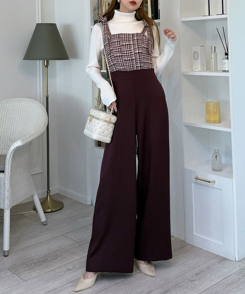 ショルダーリボンチェックワイドオールインワン 詳細画像 ボルドー 4