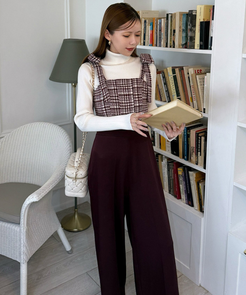 ショルダーリボンチェックワイドオールインワン 詳細画像 ボルドー 5