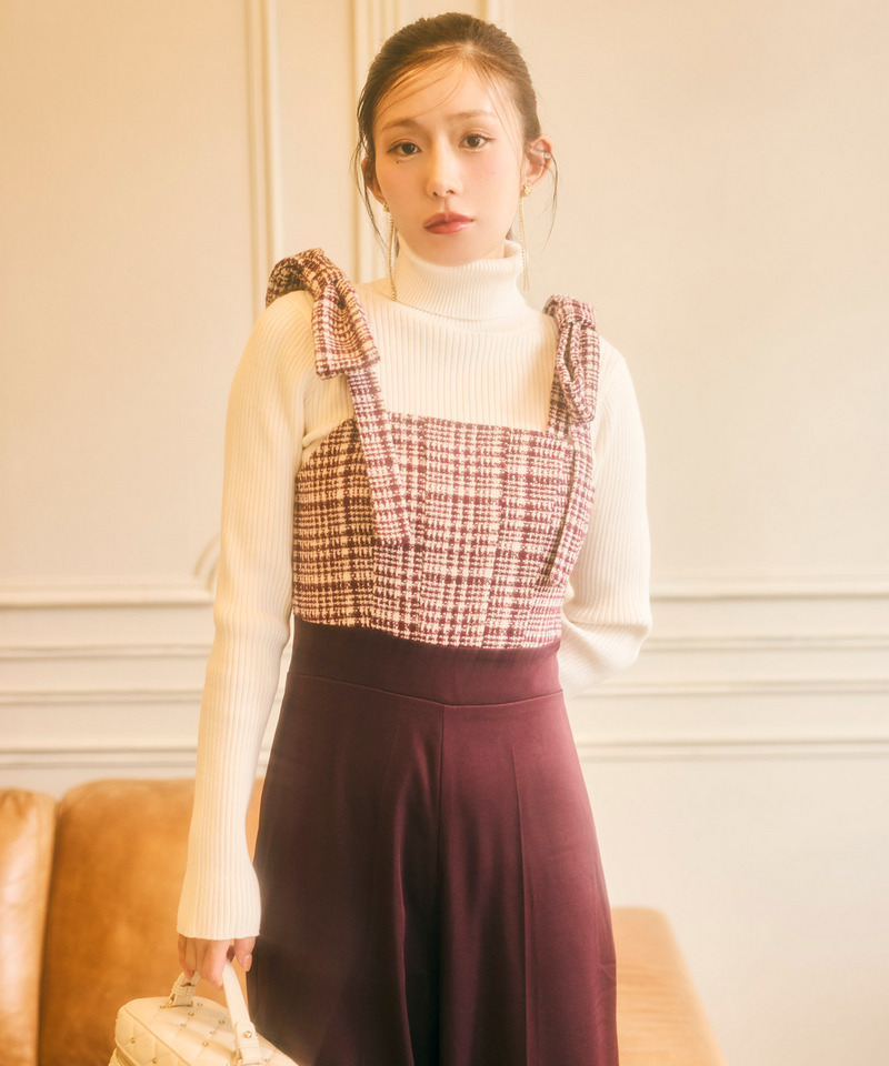 ショルダーリボンチェックワイドオールインワン 詳細画像 ボルドー 6