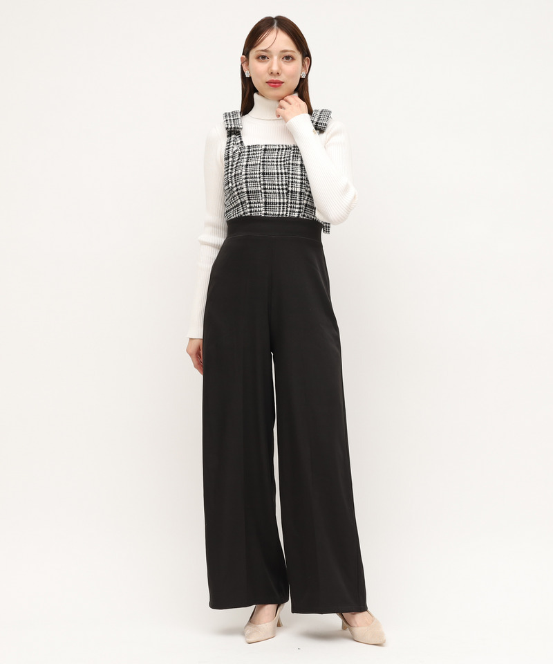 ショルダーリボンチェックワイドオールインワン 詳細画像 ブラック 1