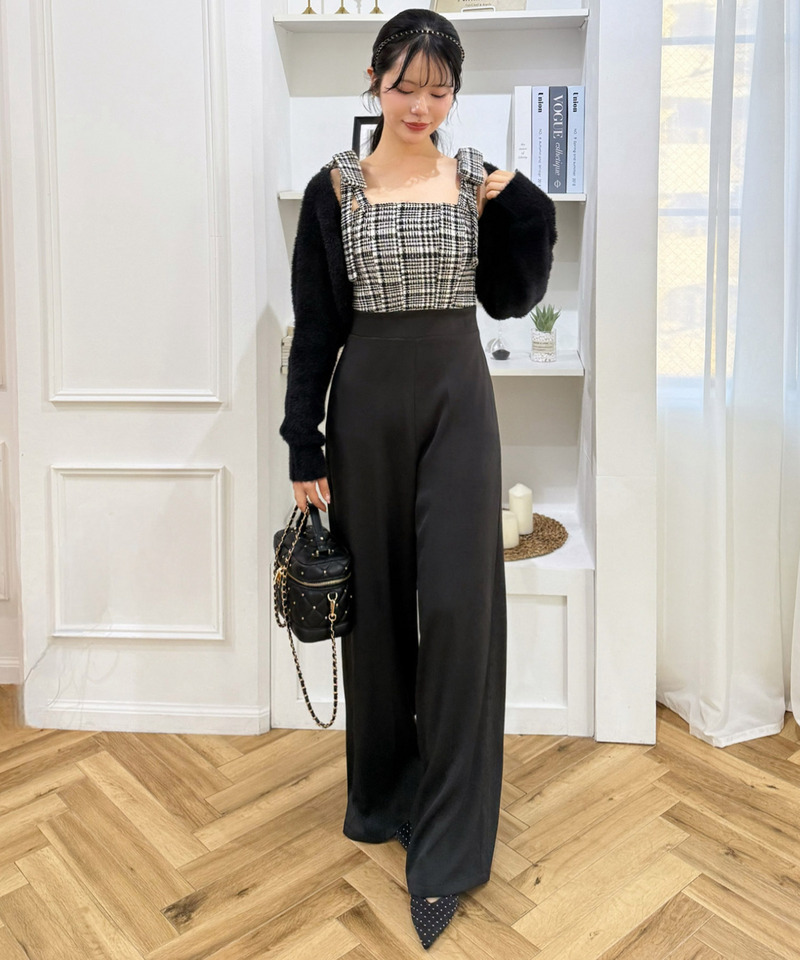 ショルダーリボンチェックワイドオールインワン 詳細画像 ブラック 2