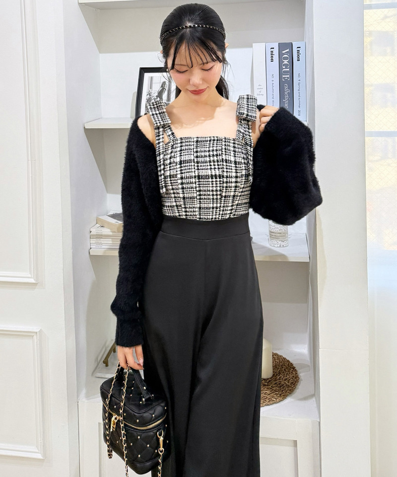 ショルダーリボンチェックワイドオールインワン 詳細画像 ブラック 3