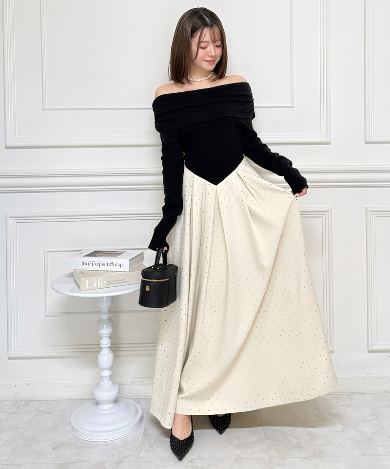 オフショルギャザードットフレアドッキングワンピース 詳細画像 オフホワイト 1