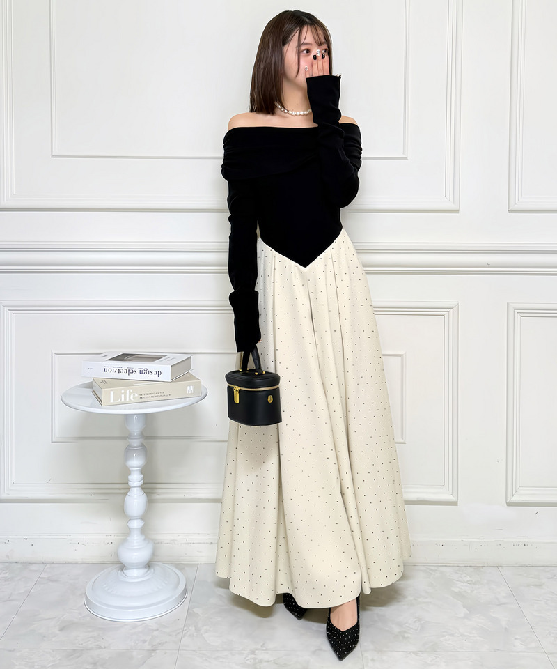 オフショルギャザードットフレアドッキングワンピース 詳細画像 オフホワイト 2