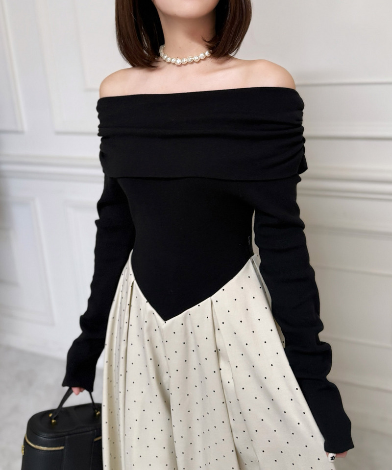 オフショルギャザードットフレアドッキングワンピース 詳細画像 オフホワイト 4