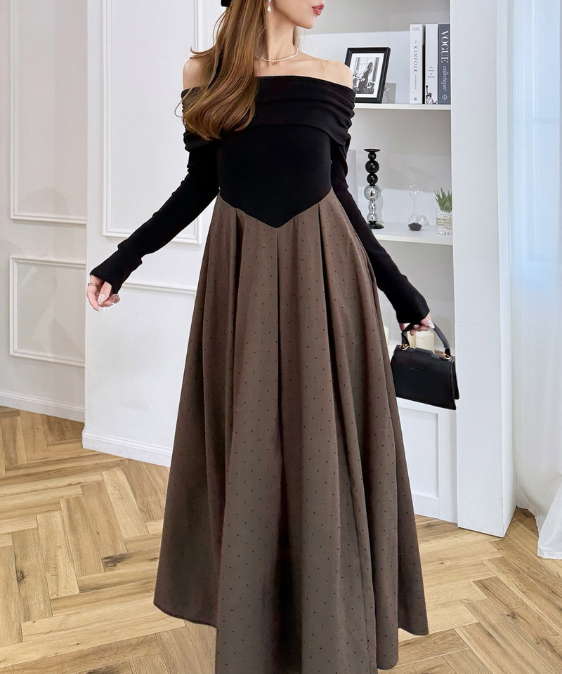 オフショルギャザードットフレアドッキングワンピース 詳細画像 ブラウン 10