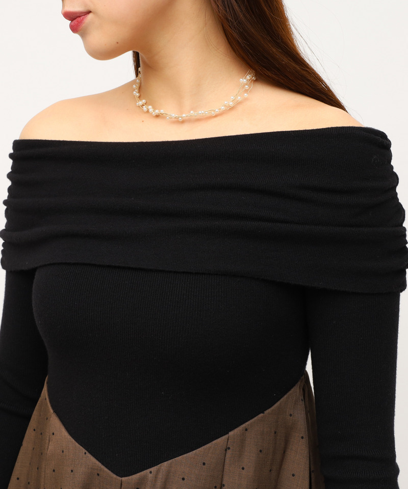 オフショルギャザードットフレアドッキングワンピース 詳細画像 ブラウン 5