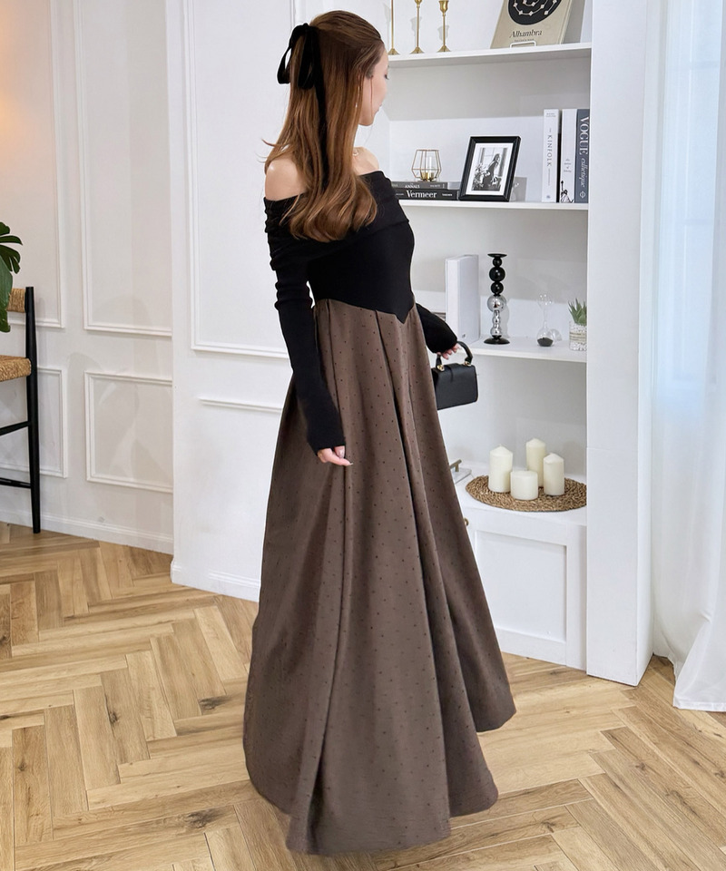 オフショルギャザードットフレアドッキングワンピース 詳細画像 ブラウン 8