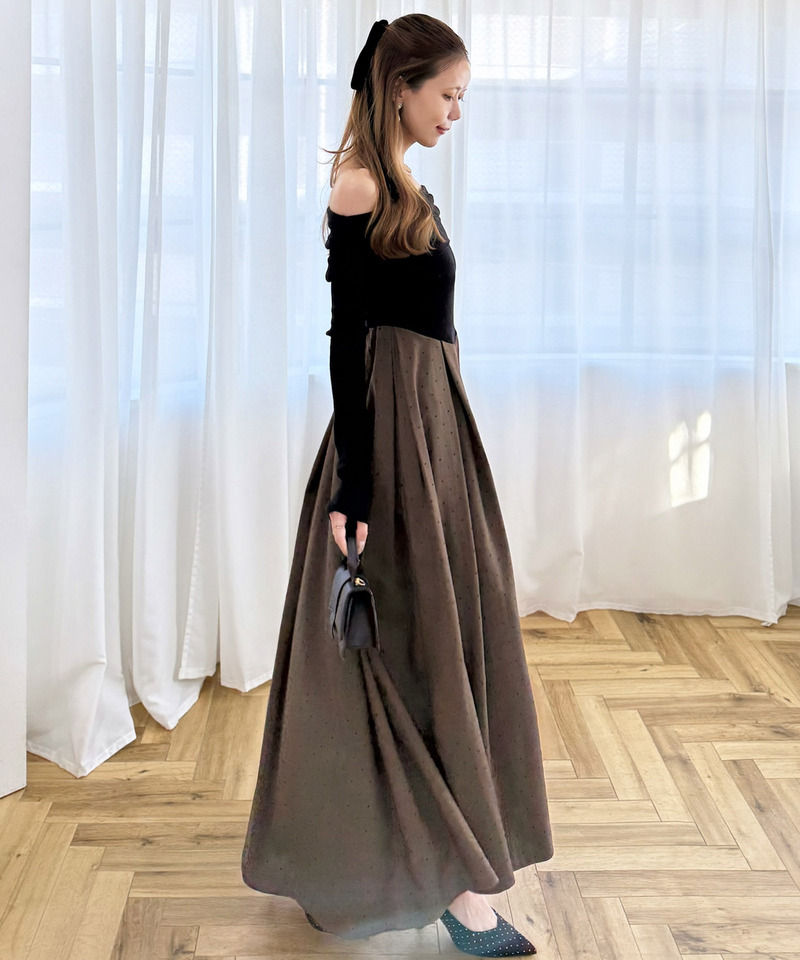 オフショルギャザードットフレアドッキングワンピース 詳細画像 ブラウン 9