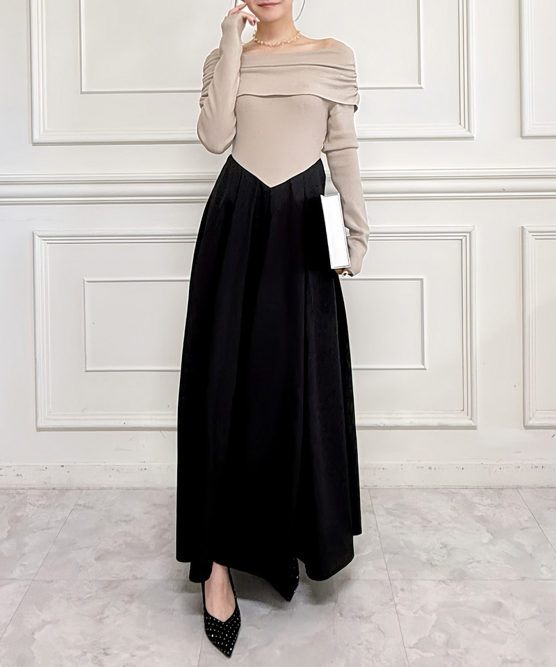 オフショルギャザードットフレアドッキングワンピース 詳細画像 ブラック 2