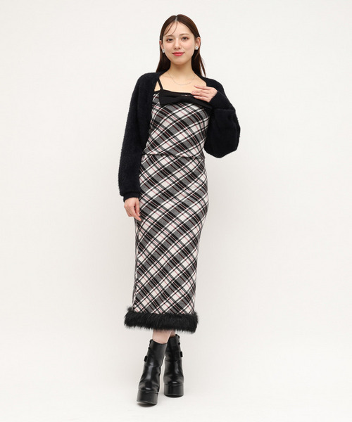 【セット購入】リボンチェックシャギーボレロアンサンブル&times;ヘムファーチェックタイトニットスカート 詳細画像