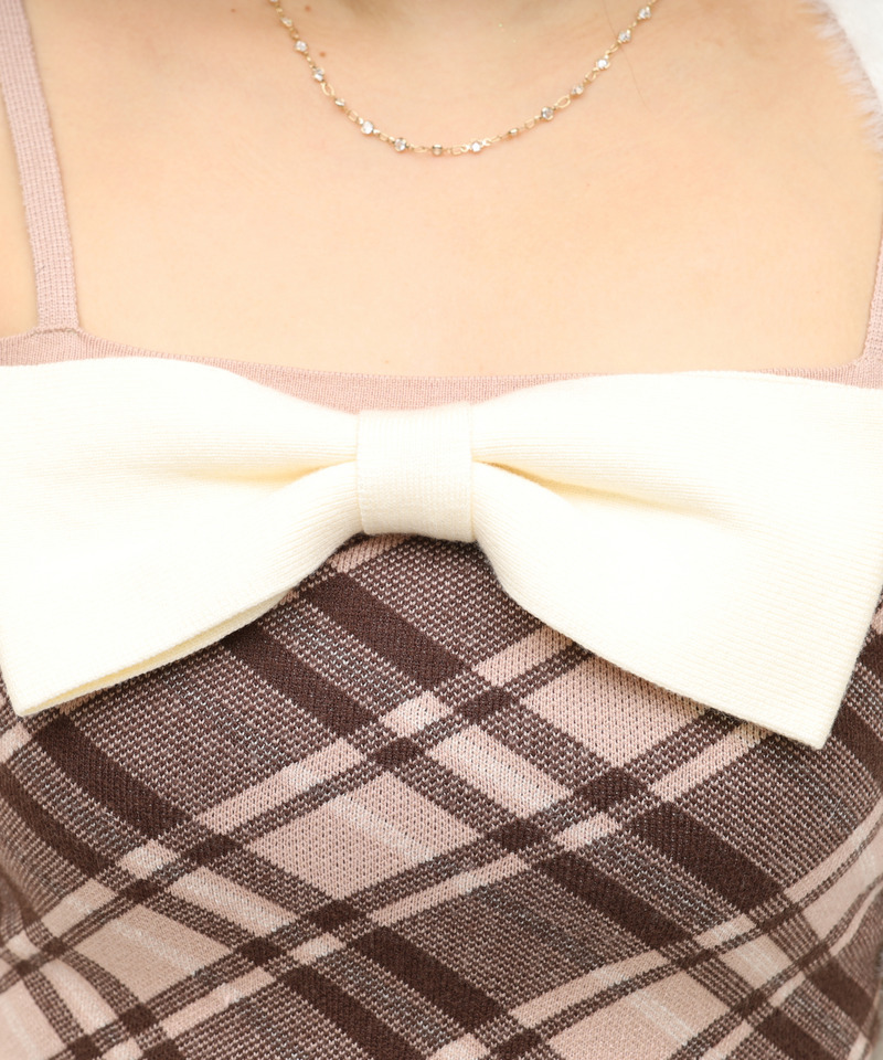 【セット購入】リボンチェックシャギーボレロアンサンブル&times;ヘムファーチェックタイトニットスカート 詳細画像 モカ&times;モカ 7