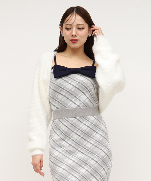 リボンチェックシャギーボレロアンサンブル 詳細画像