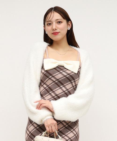 リボンチェックシャギーボレロアンサンブル 詳細画像