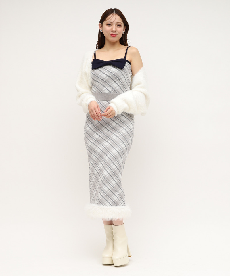 リボンチェックシャギーボレロアンサンブル 詳細画像 グレー 2
