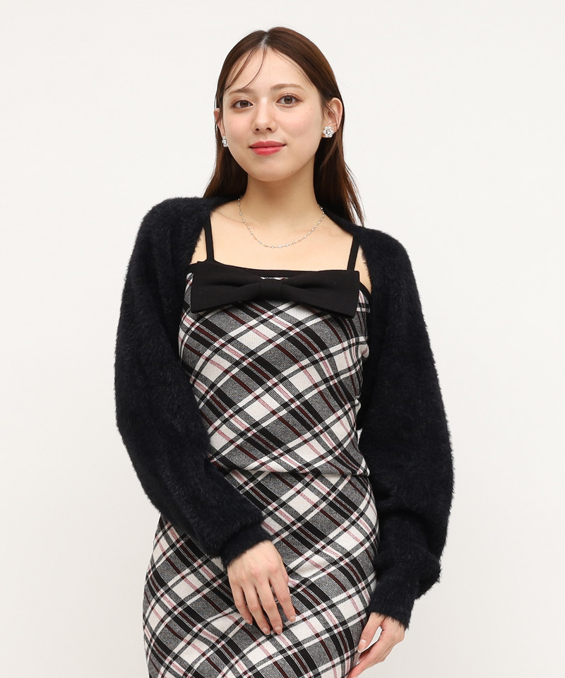 リボンチェックシャギーボレロアンサンブル 詳細画像 ブラック 1