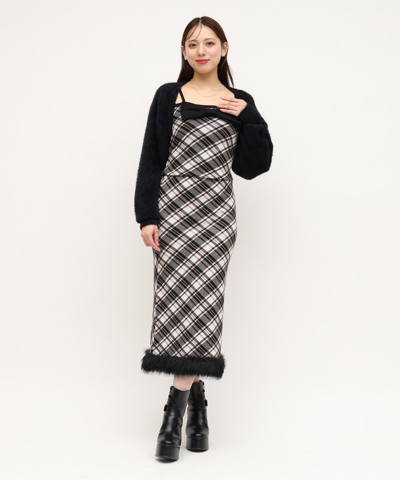 リボンチェックシャギーボレロアンサンブル 詳細画像 ブラック 2