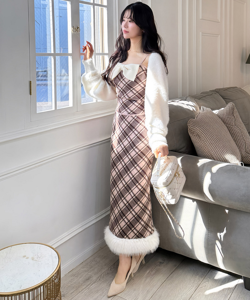 リボンチェックシャギーボレロアンサンブル 詳細画像 モカ 10