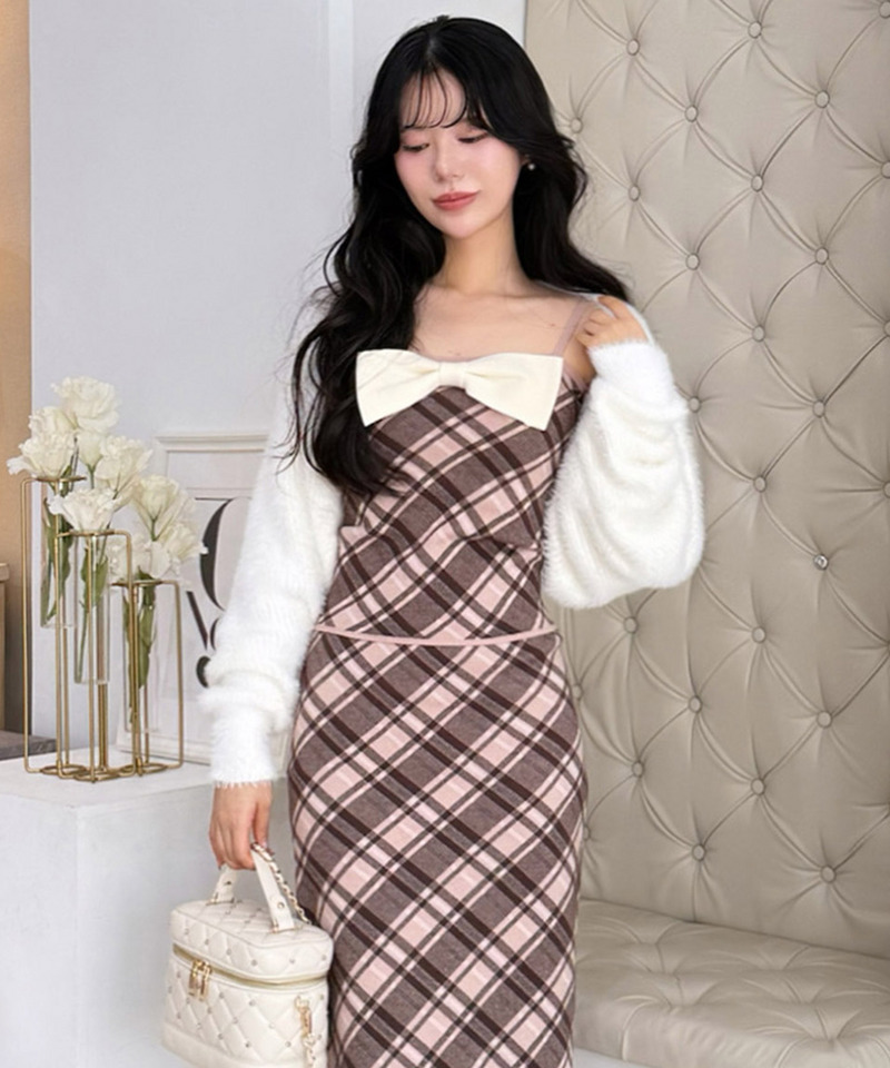 リボンチェックシャギーボレロアンサンブル 詳細画像 モカ 9