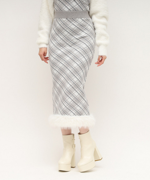 ヘムファーチェックタイトニットスカート 詳細画像
