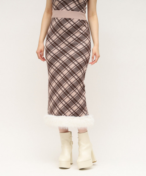 ヘムファーチェックタイトニットスカート 詳細画像