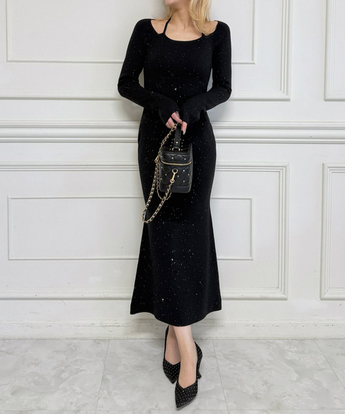 スパンコールニットタイトワンピース 詳細画像