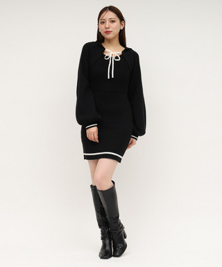 ケーブル配色リボンフーディーミニワンピース