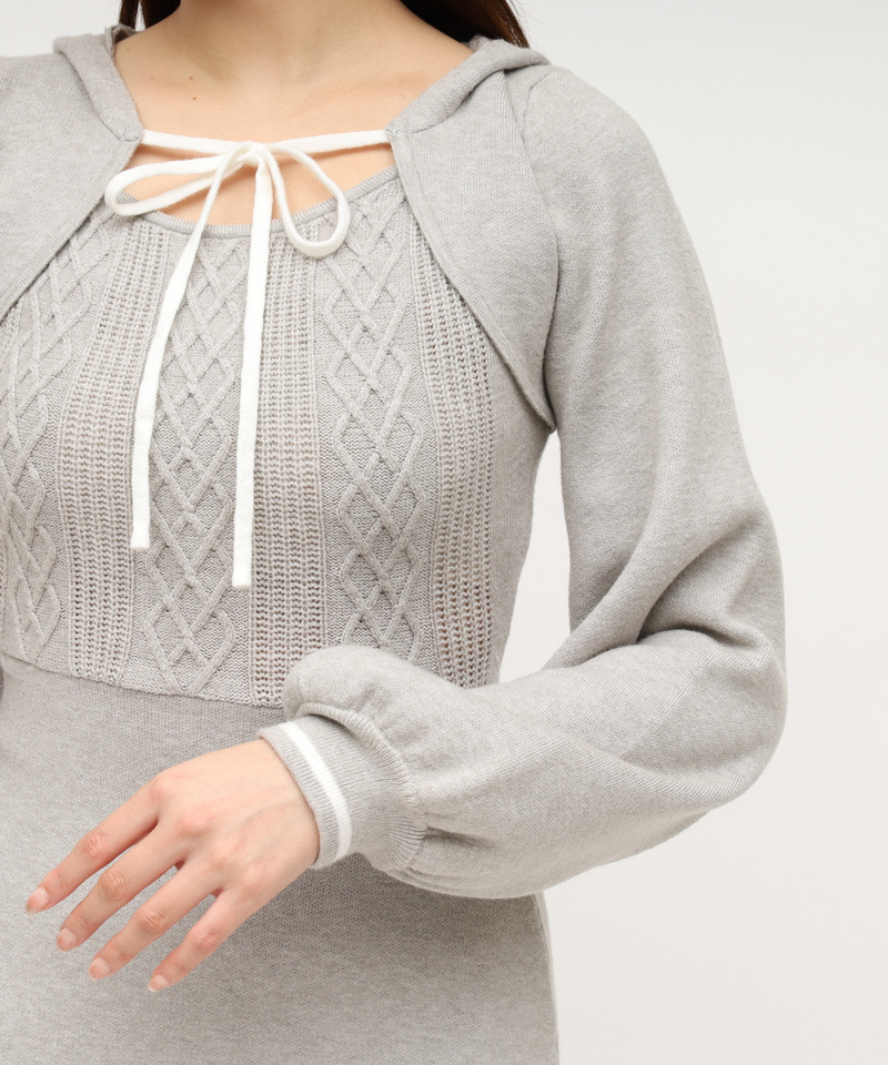 ケーブル配色リボンフーディーミニワンピース 詳細画像 グレー 5