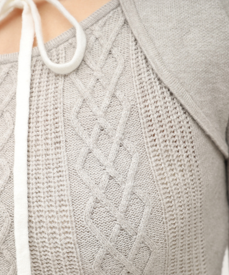 ケーブル配色リボンフーディーミニワンピース 詳細画像 グレー 6