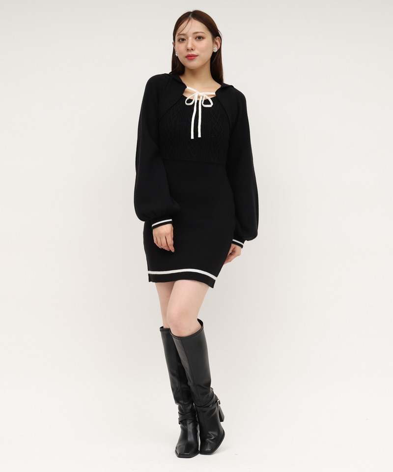 ケーブル配色リボンフーディーミニワンピース 詳細画像 ブラック 1