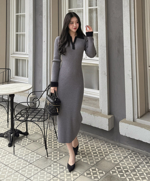 配色スキッパーニットワンピース 詳細画像