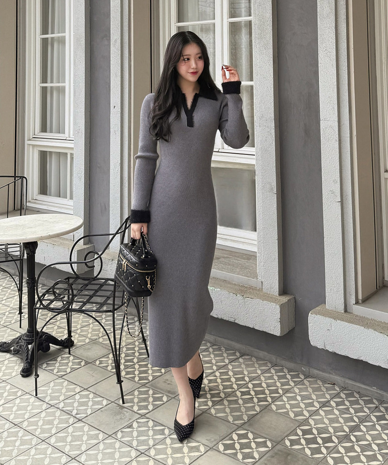 配色スキッパーニットワンピース 詳細画像 グレー 2