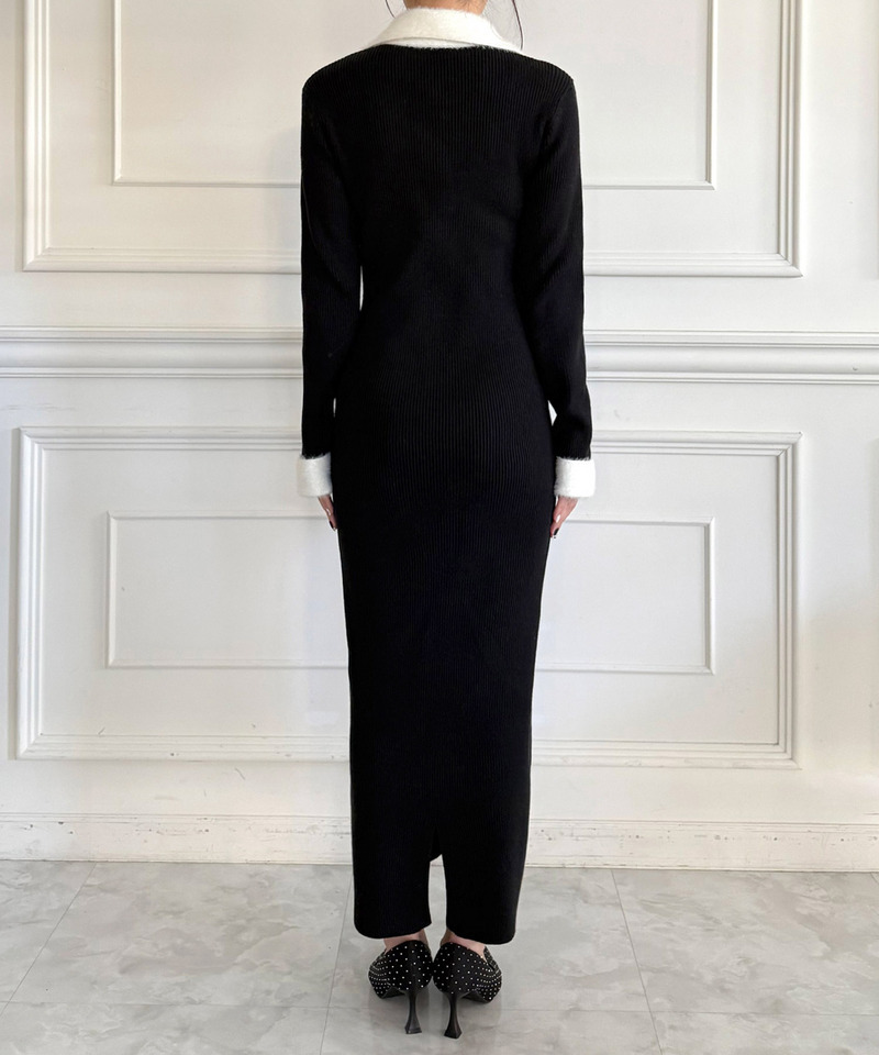 配色スキッパーニットワンピース 詳細画像 ブラック 3