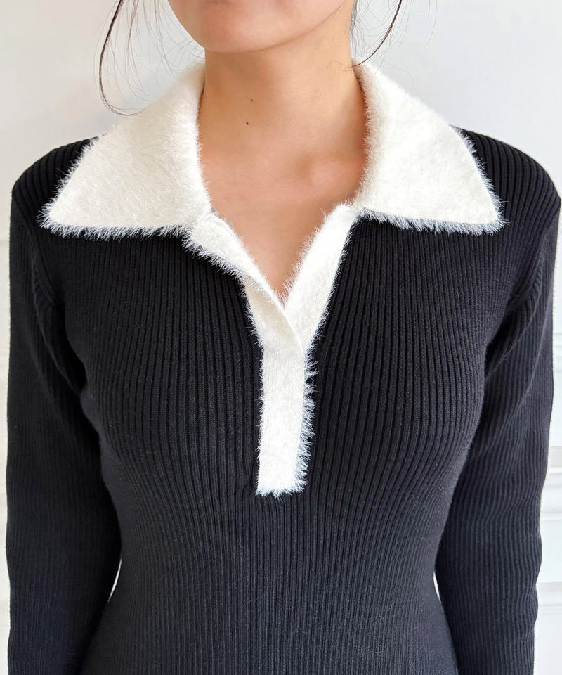 配色スキッパーニットワンピース 詳細画像 ブラック 4