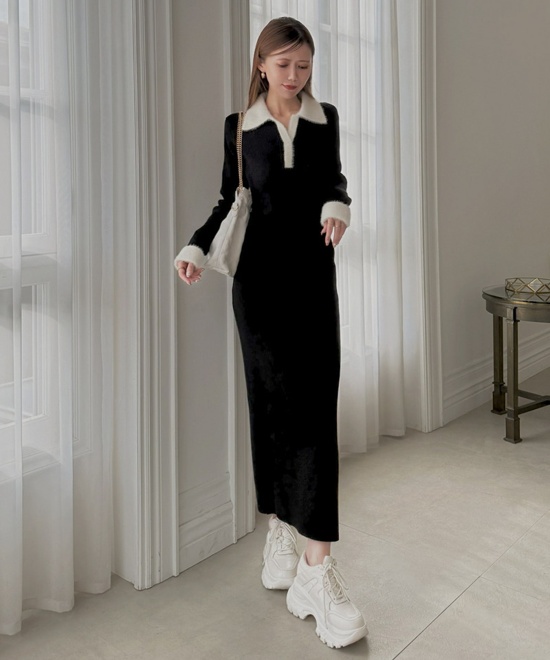 配色スキッパーニットワンピース 詳細画像 ブラック 7