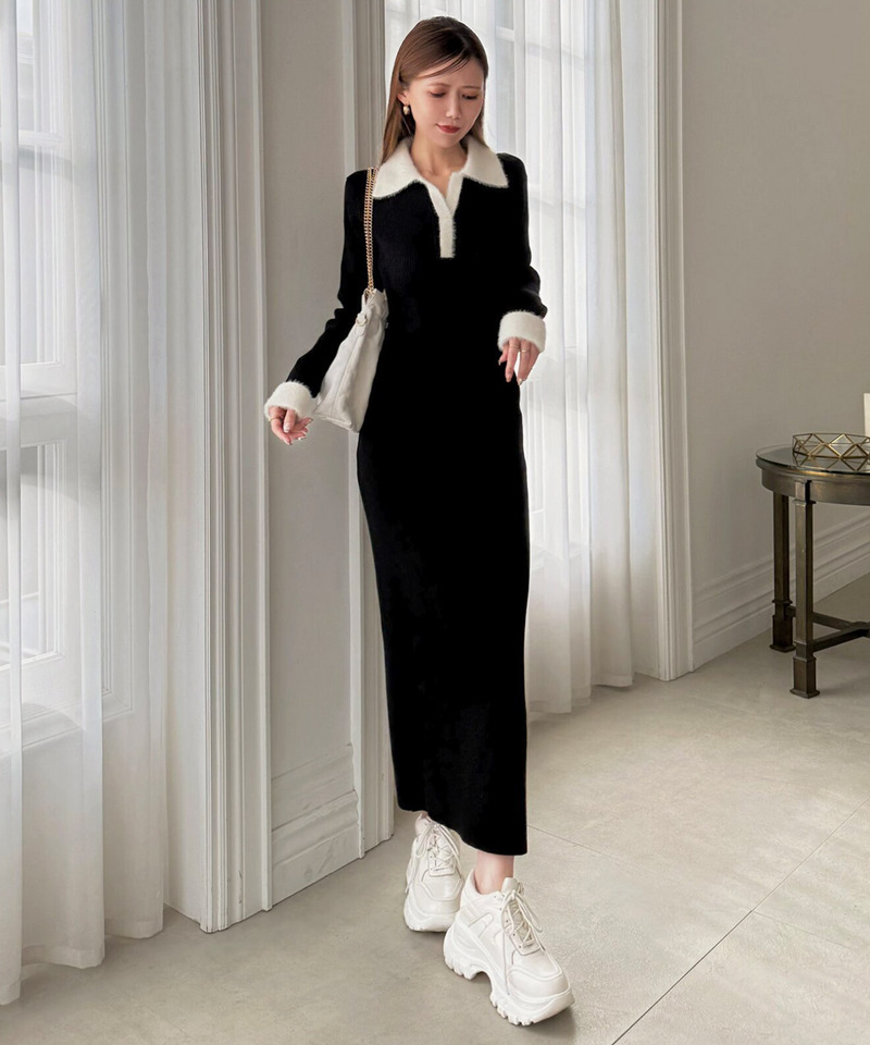 配色スキッパーニットワンピース 詳細画像 ブラック 9