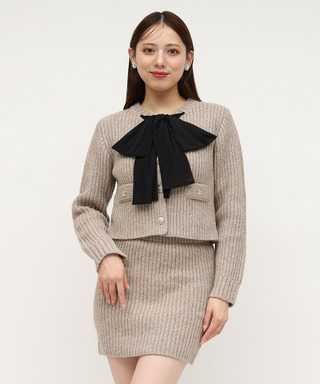 異素材リボンラメニットカーデトップス