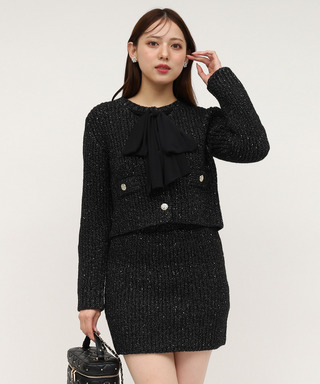 異素材リボンラメニットカーデトップス